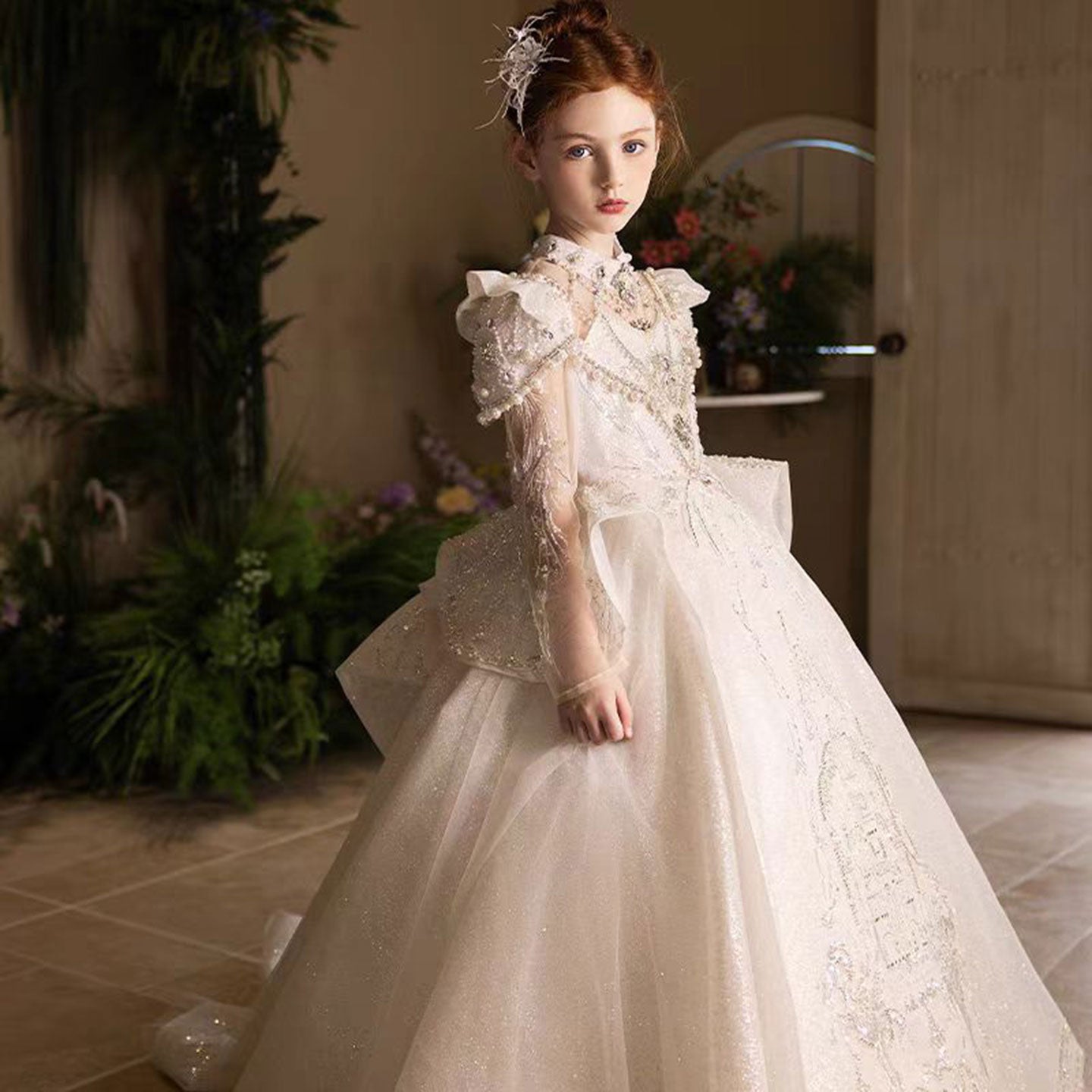 Luxury Embroidered Princess Girl Dress With Tulle Pearls White