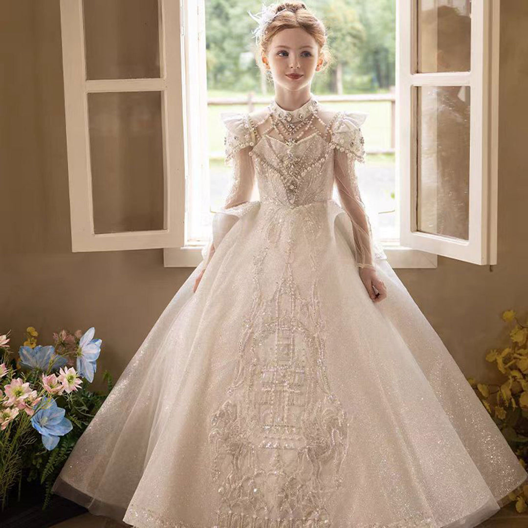 Luxury Embroidered Princess Girl Dress With Tulle Pearls White J151 Luxury Embroidered Princess Girl Dress With Tulle Pearls White J151