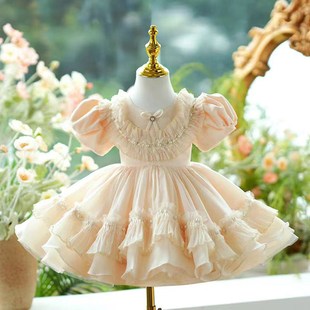 baby girl champagne dress Ball-Gown/Princess Champagne Satin Knee-length Baby Girl Dress, 12M / Gold