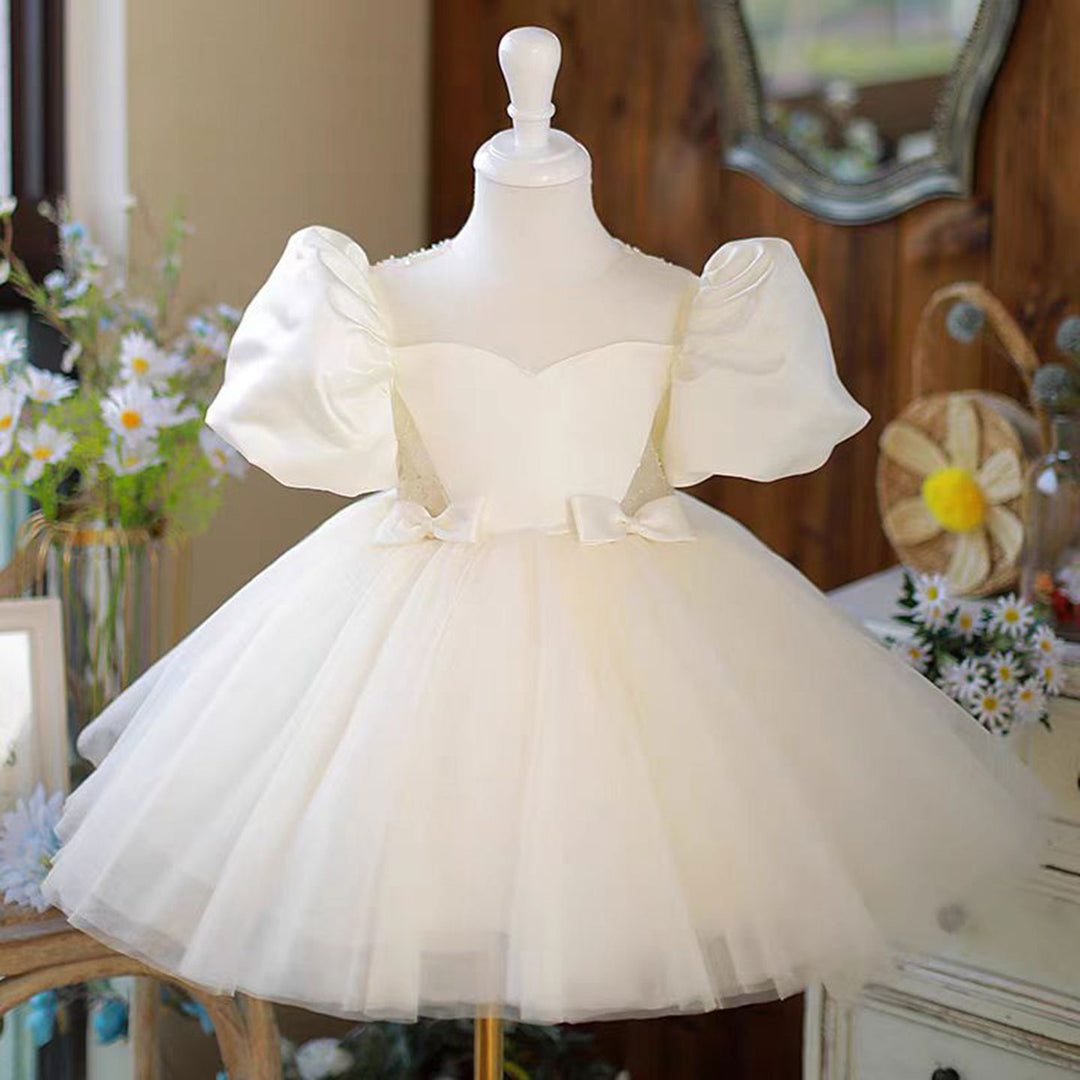 white tulle dress short White Tulle Baby Girl Dress With Bow Short Sleeves Ball Gown J477 – DreamyVow
