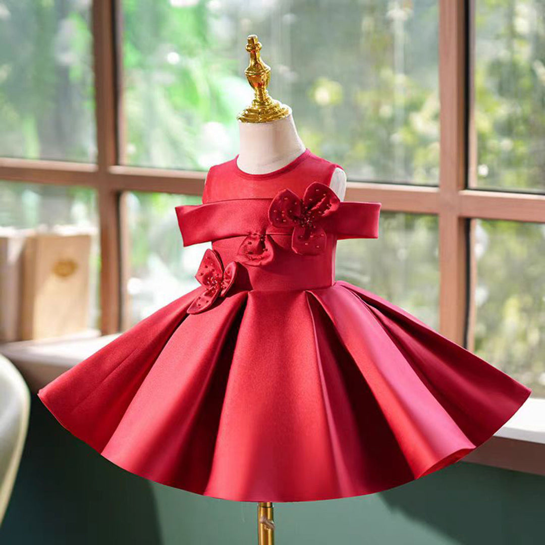 O-Neck Applique Satin Flower Baby Girl Dress Burgundy J798 Burgundy / child-6