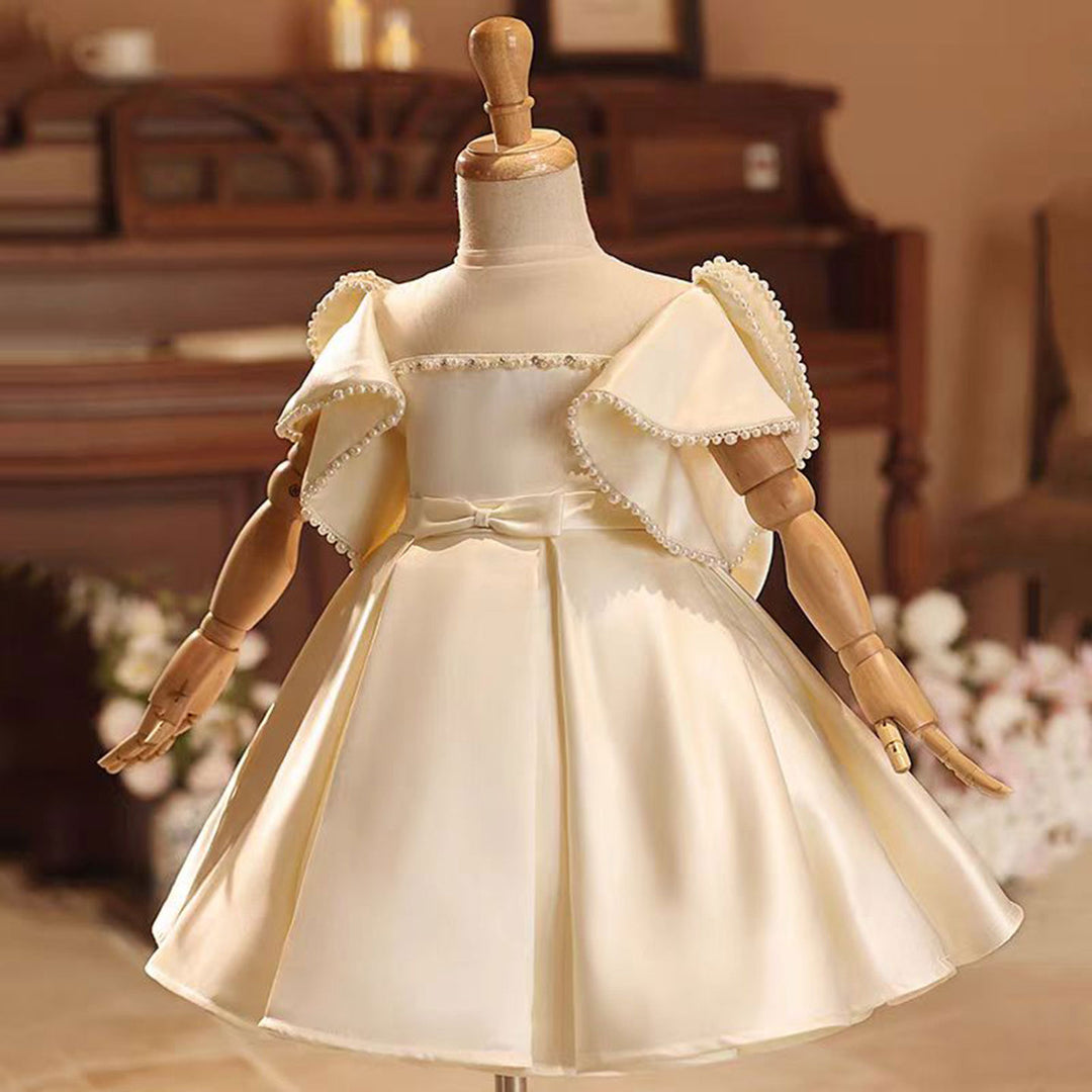 baby champagne dress Champagne Satin Baby Girl Dress With Bow Short Sleeves Gown J497
