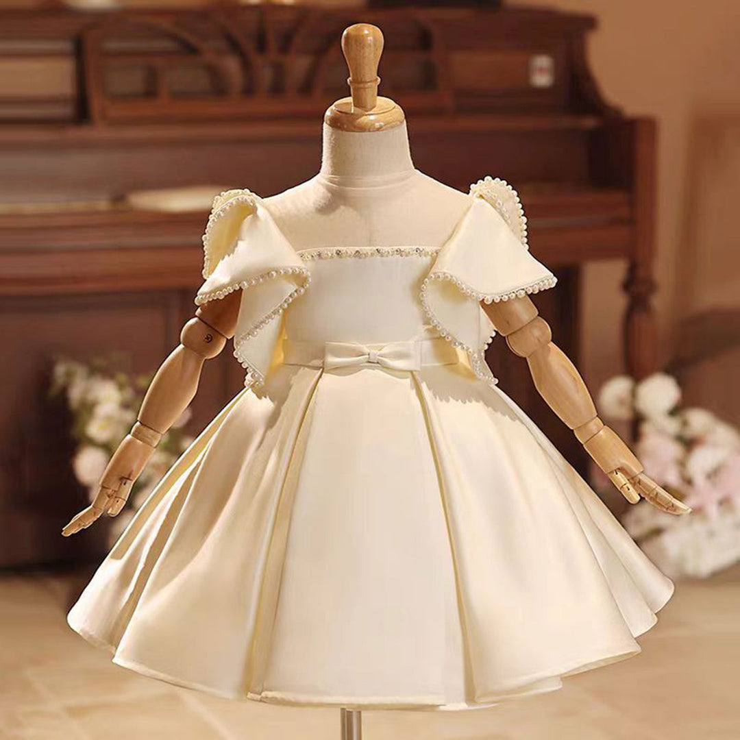 Champagne Satin Baby Girl Dress With Bow Short Sleeves Gown J497 White / child-6 Champagne Satin Baby Girl Dress With Bow Short Sleeves Gown J497 White / child-6