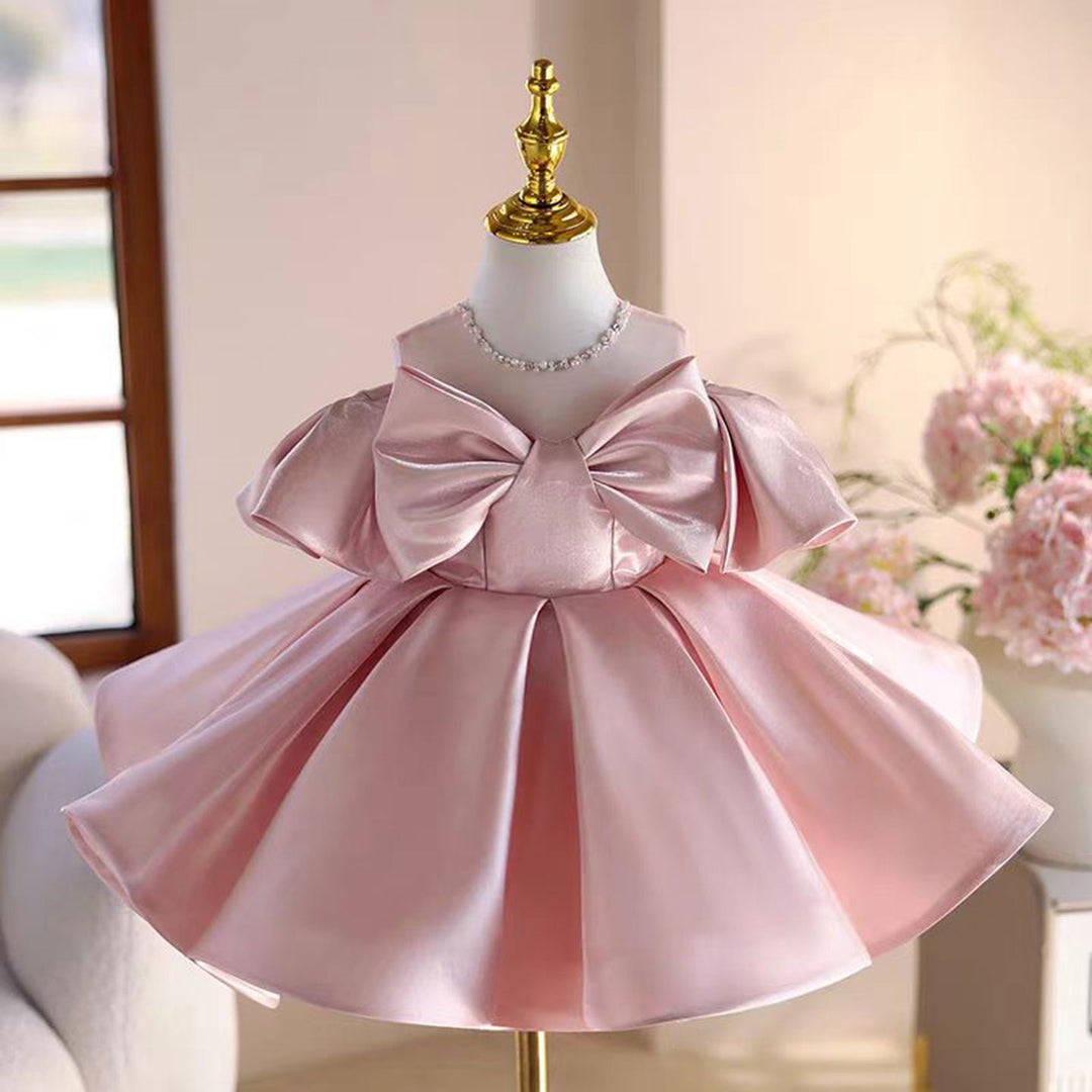Satin Girl Dress With Bow Toddler Kids 1st Birthday Party Prom Gown J806 Pink / child-14 Satin Girl Dress With Bow Toddler Kids 1st Birthday Party Prom Gown J806 Pink / child-14