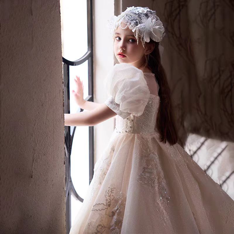 Luxury Off White Flower Girl Dress Party Birthday Prom Gown J294, With Headwear / child-8 Luxury Off White Flower Girl Dress Party Birthday Prom Gown J294, With Headwear / child-8