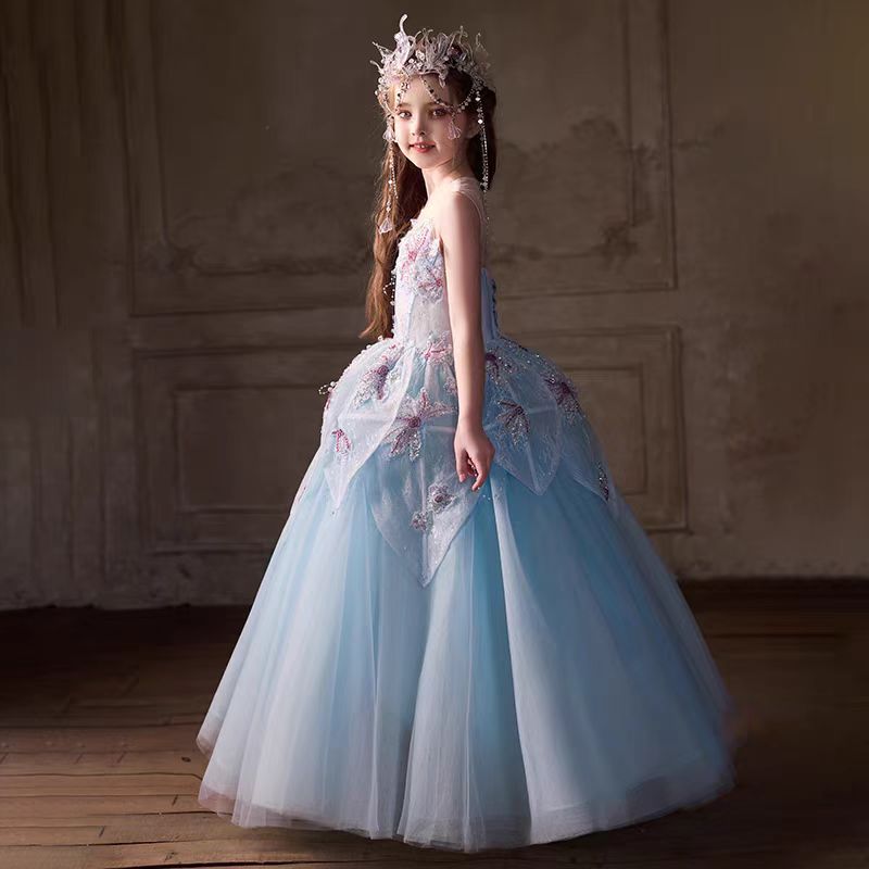Beaded Blue Flower Girl Dress for Kids Party Birthday J392 Blue / child-14