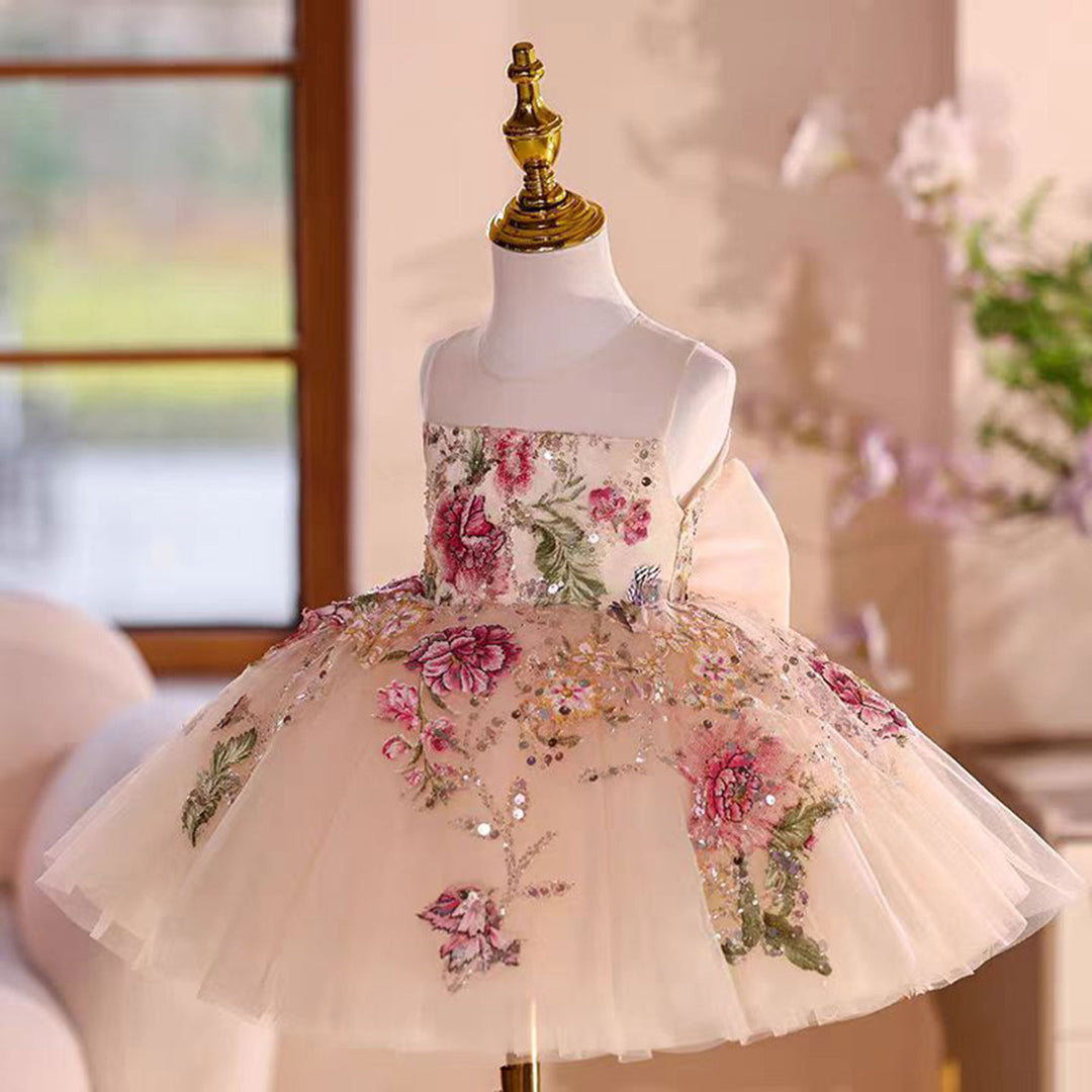Strapless Design Embroidered Flower Girl Dress Bow Sleeveless D012 White / 12M Strapless Design Embroidered Flower Girl Dress Bow Sleeveless D012 White / 12M