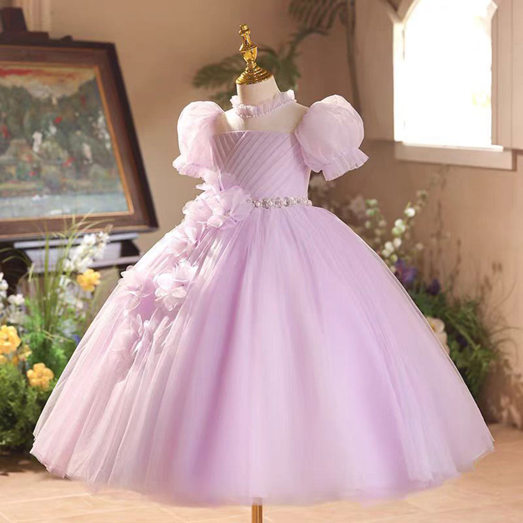 Applique Pearl Waist Adornment Tulle Pink Flower Girl Dress D020 DreamyVow Applique Pearl Waist Adornment Tulle Pink Flower Girl Dress D020 DreamyVow