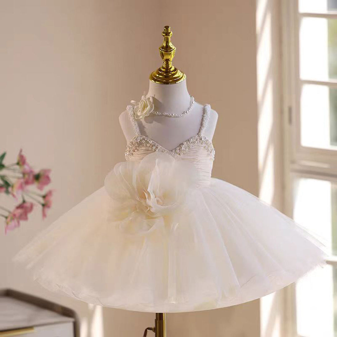Sweetheart 3D Flowers Sling Pearled Tulle Girl Dress Beige J537, Beige / 12M Sweetheart 3D Flowers Sling Pearled Tulle Girl Dress Beige J537, Beige / 12M
