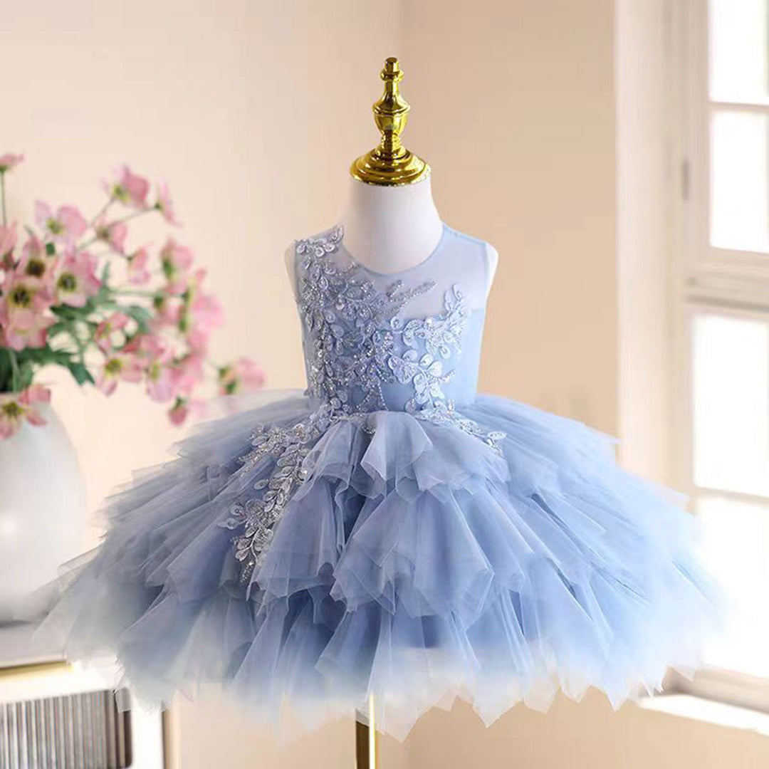 Graceful Embroidered Tiered Tulle Girl Dress Sleeveless Blue J538, Blue / child-4 Graceful Embroidered Tiered Tulle Girl Dress Sleeveless Blue J538, Blue / child-4