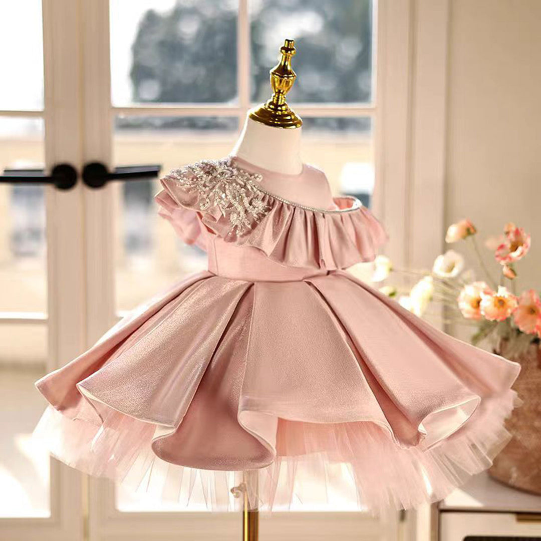 Lovely One-Shoulder Ruffled Satin Pearl Pink Girl Dress D014 Pink / 12M Lovely One-Shoulder Ruffled Satin Pearl Pink Girl Dress D014 Pink / 12M