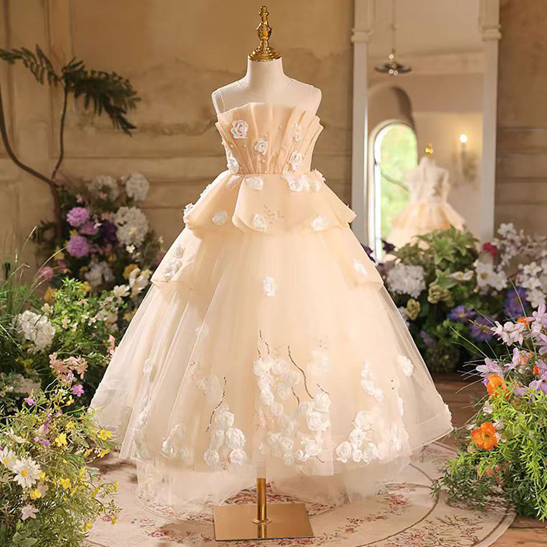Flower-Adorned Tiered Sleeveless Flower Girl Dress Beige D043 DreamyVow Flower-Adorned Tiered Sleeveless Flower Girl Dress Beige D043 DreamyVow