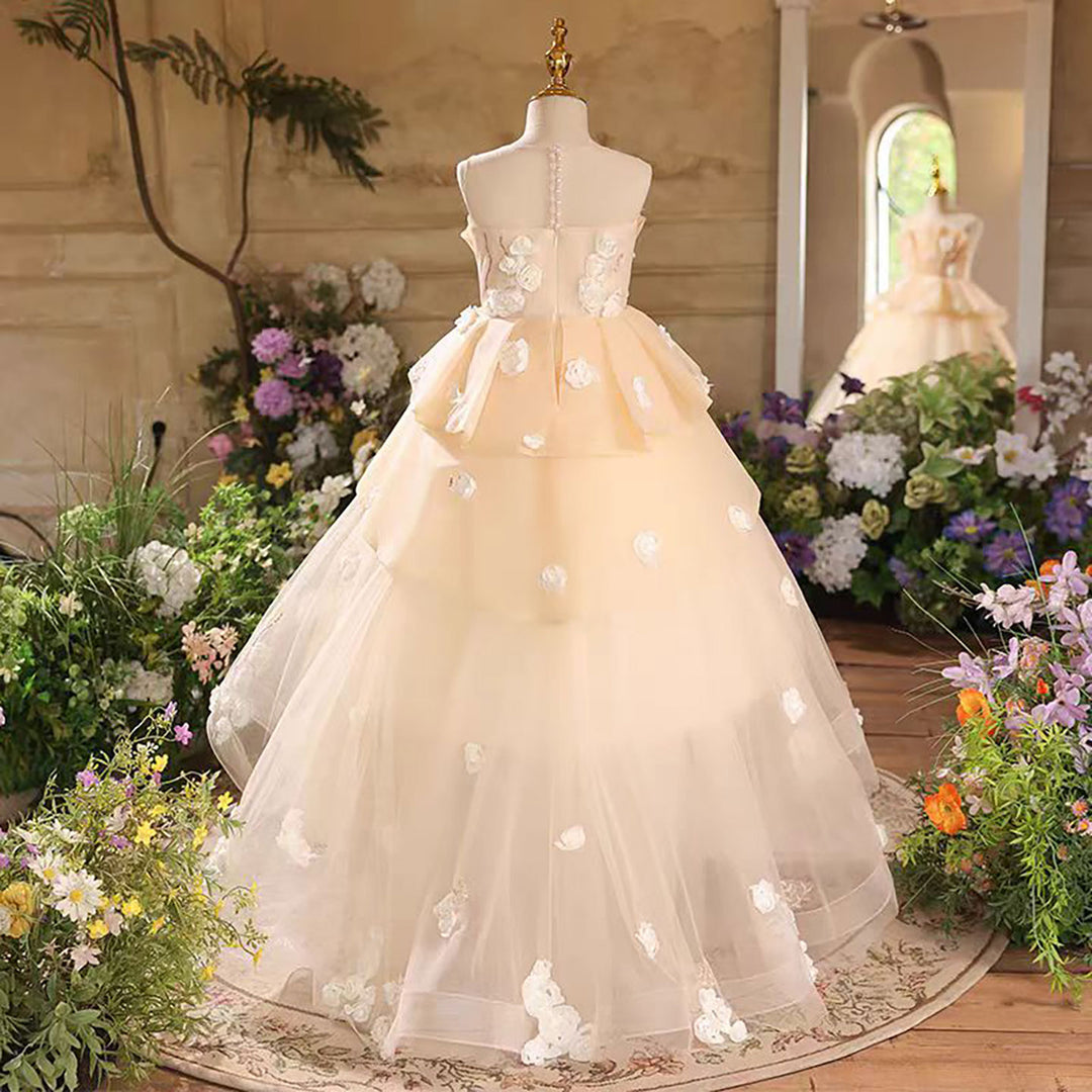 Flower-Adorned Tiered Sleeveless Flower Girl Dress Beige D043 Flower-Adorned Tiered Sleeveless Flower Girl Dress Beige D043