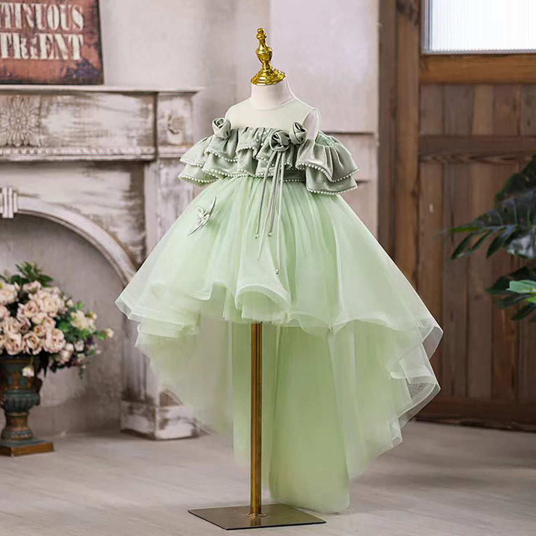 knee length princess dress Sunnypetal Cute Pink Puff Sleeves Knee-Length Princess Flower Girl Dresses