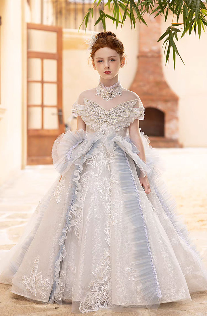 Elegant Flower Girl Dress with Floral Appliques for Birthday Pageant J031