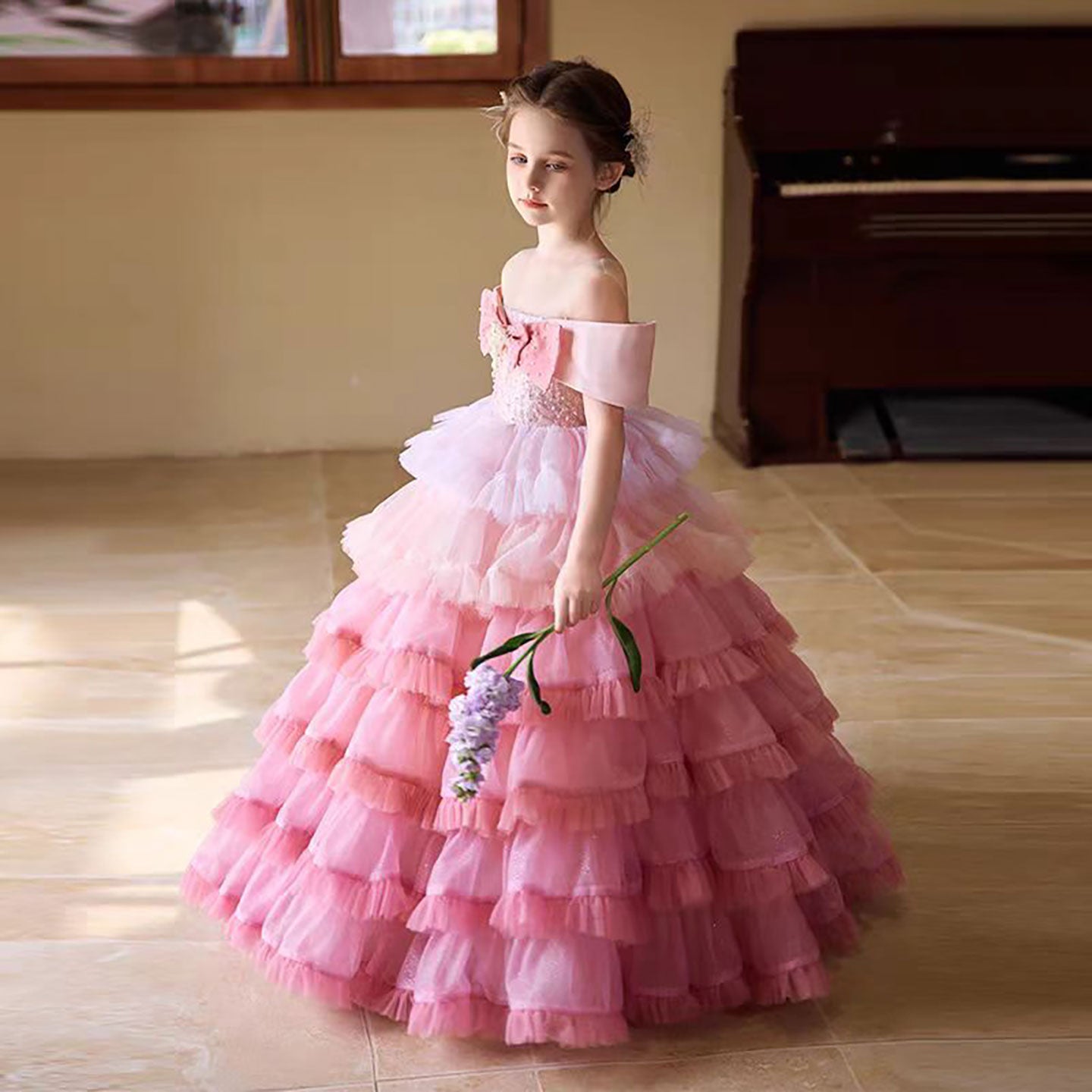 Luxury Off Shoulder Pink Tiered Crystal Flower Girl Dress D320 – DreamyVow