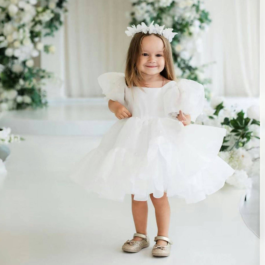 White Short Lace Flower Girl Dress With Illusion Sleeves Princess