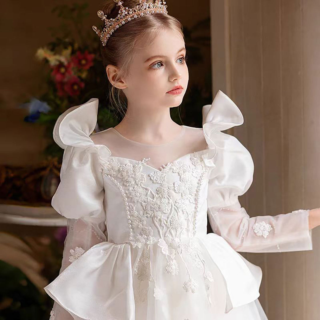 Princess Pearl Tulle Flower Girl Dress with Embroidery D313