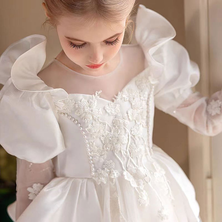 Princess Pearl Tulle Flower Girl Dress with Embroidery D313