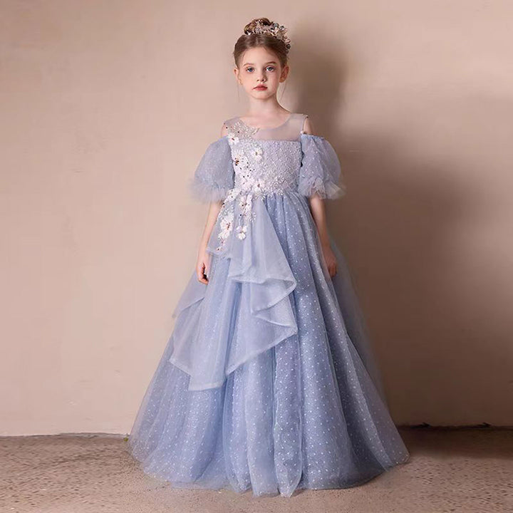 Tulle Blue Flower Girl Dress with Sparkling Silver Beads D306