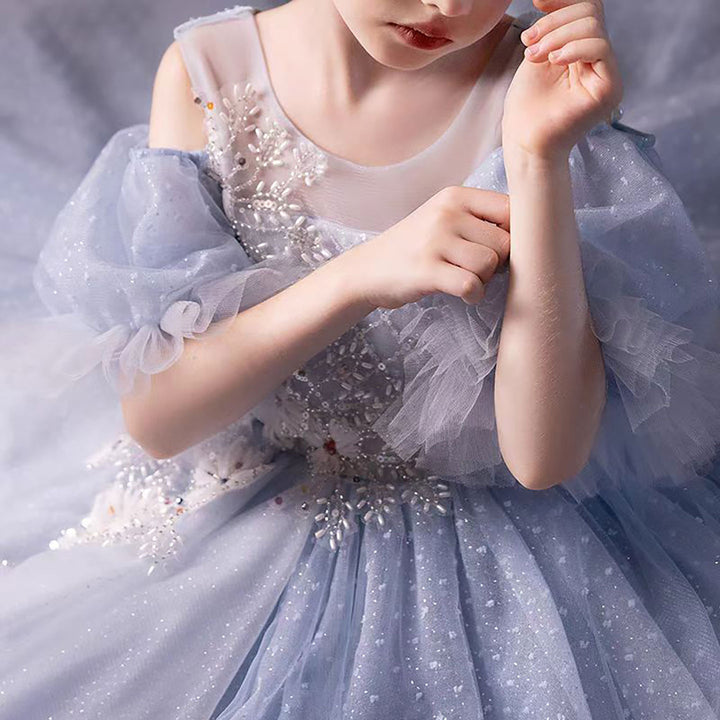 Tulle Blue Flower Girl Dress with Sparkling Silver Beads D306