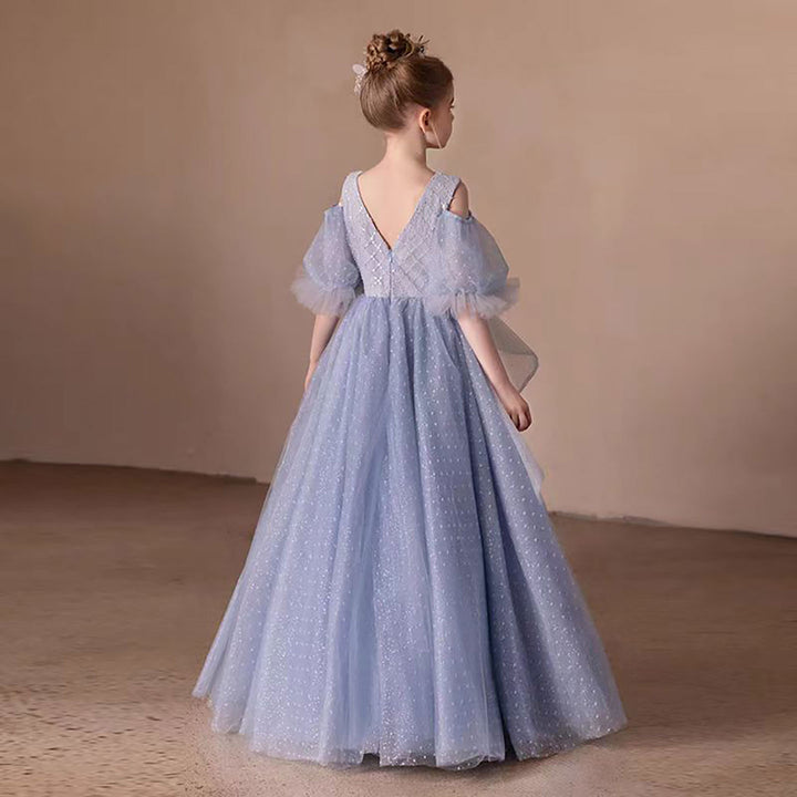 Tulle Blue Flower Girl Dress with Sparkling Silver Beads D306