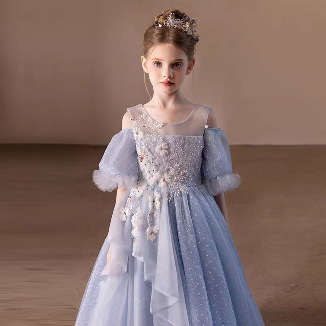 Tulle Blue Flower Girl Dress with Sparkling Silver Beads D306