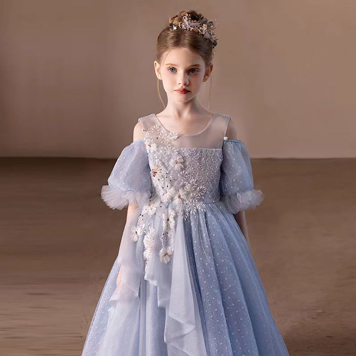 Tulle Blue Flower Girl Dress with Sparkling Silver Beads D306