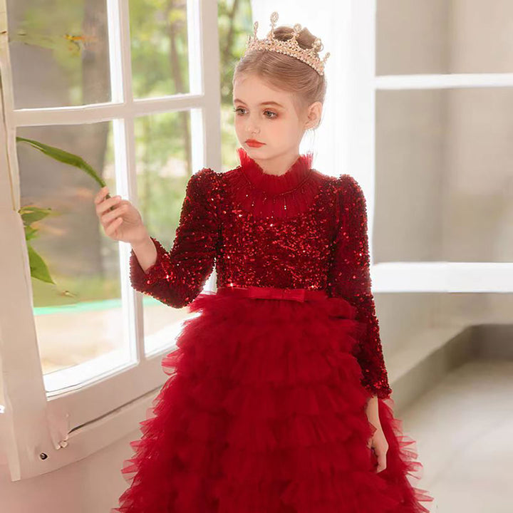 Luxury Red Flower Girl Dress with Sequin Top D307