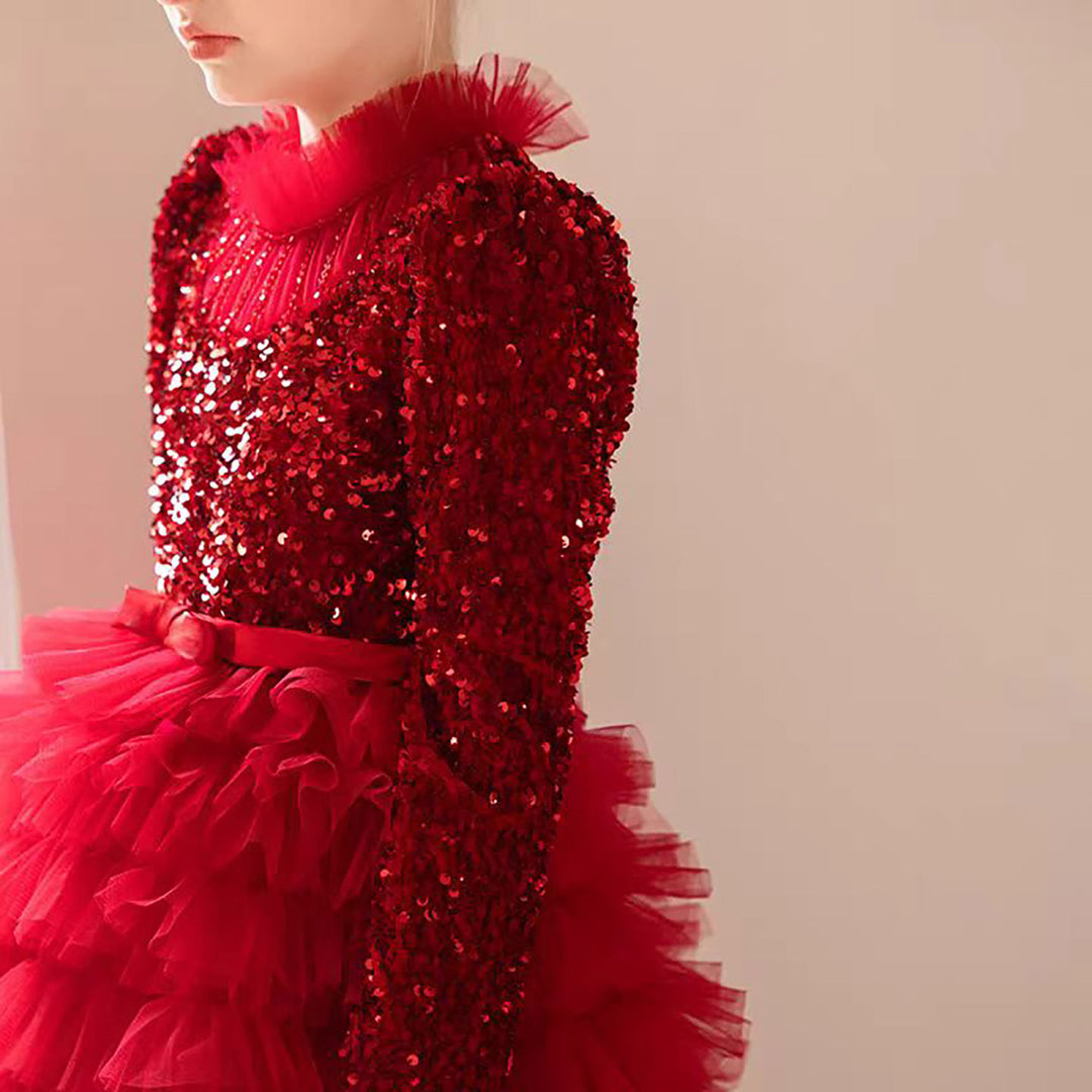 Luxury Red Flower Girl Dress with Sequin Top D307