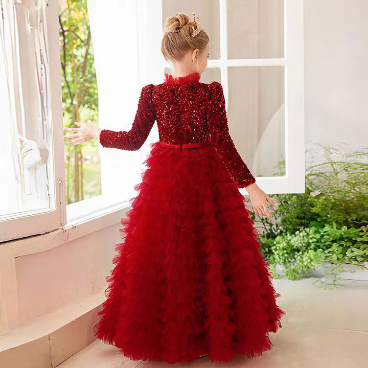 Luxury Red Flower Girl Dress with Sequin Top D307