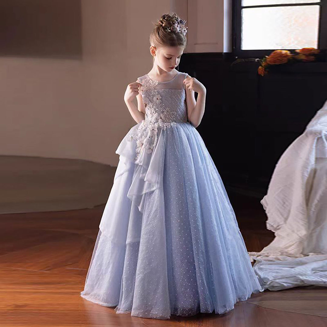 Tulle Blue Flower Girl Dress with Sparkling Silver Beads D306