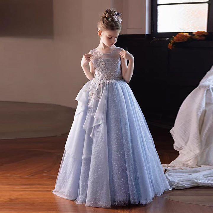 Tulle Blue Flower Girl Dress with Sparkling Silver Beads D306