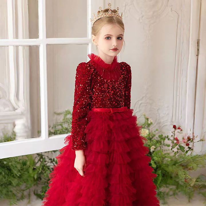 Luxury Red Flower Girl Dress with Sequin Top D307