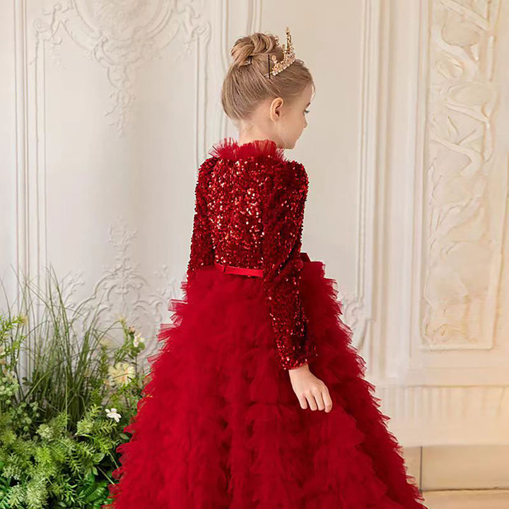 Luxury Red Flower Girl Dress with Sequin Top D307