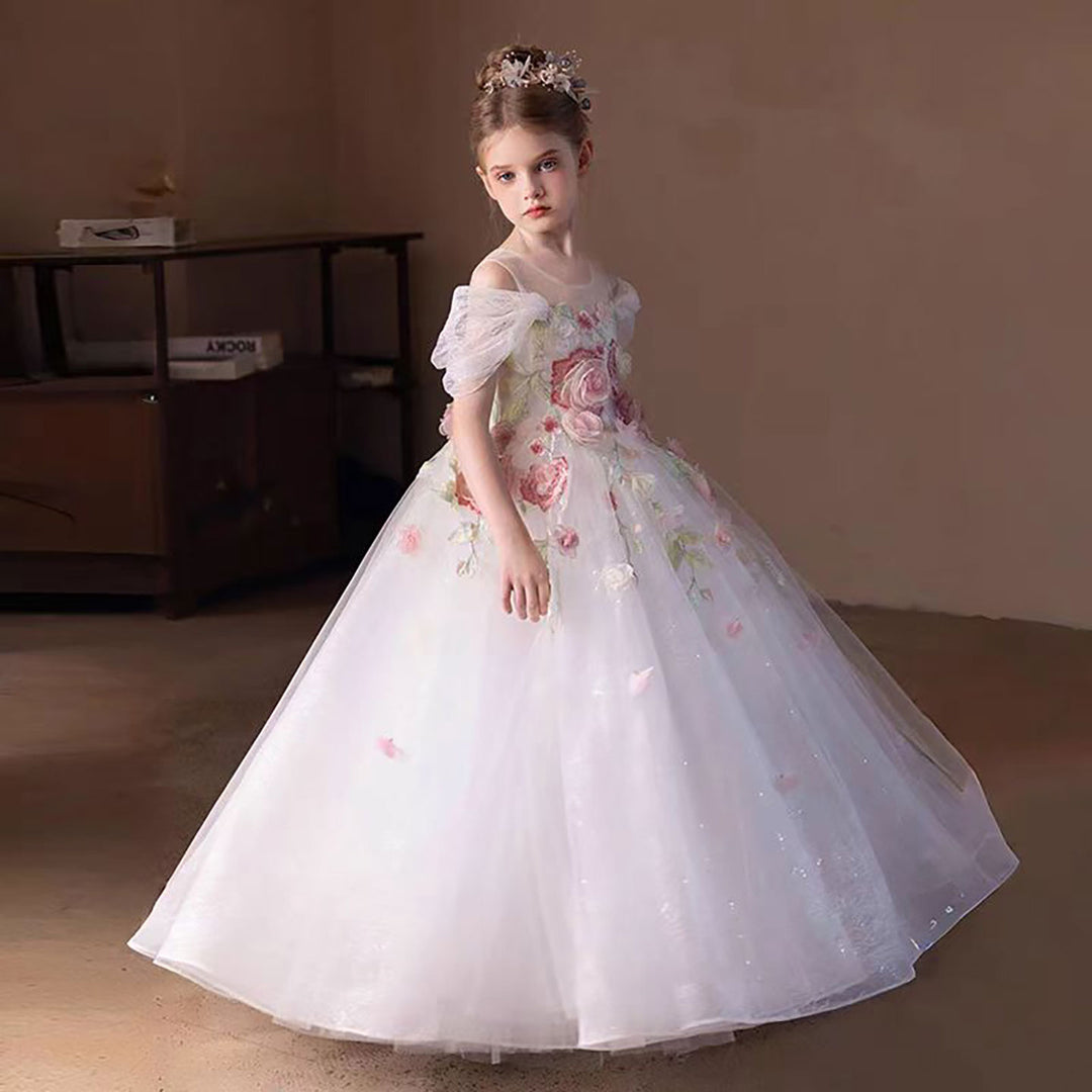 Romantic White Flower Girl Dress with 3D Floral Appliqués D309