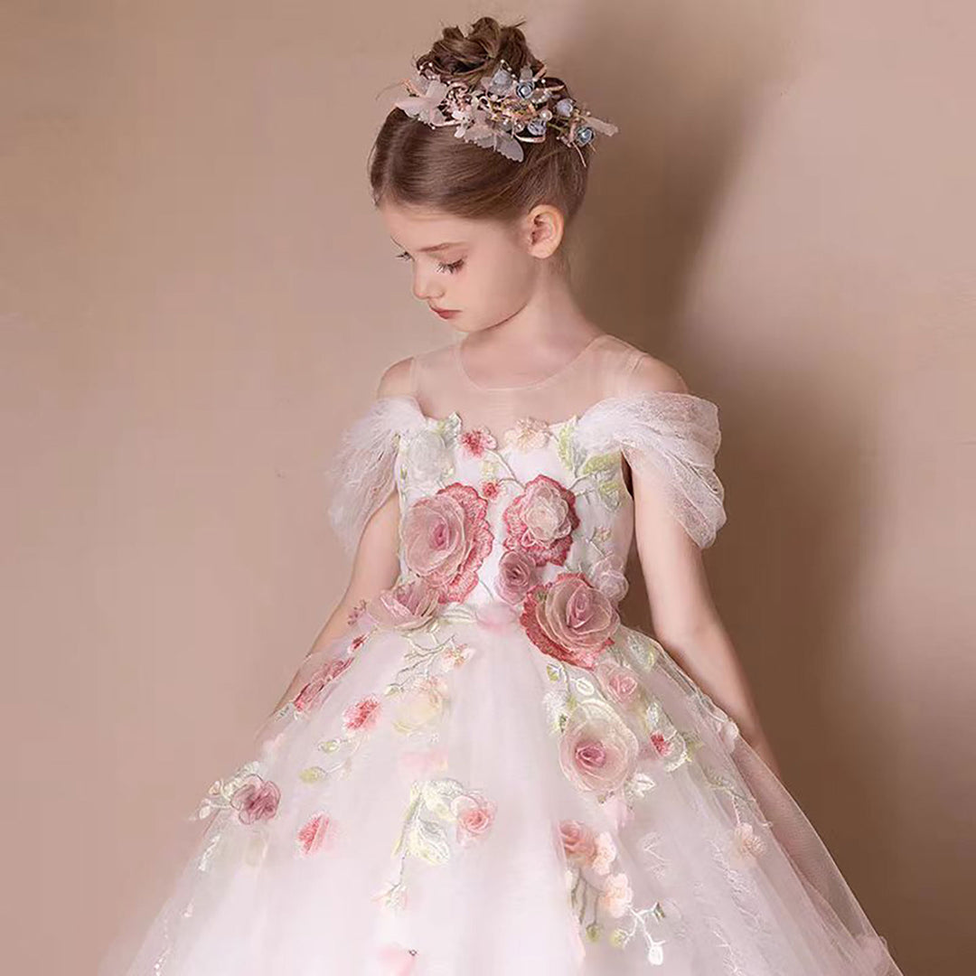 Romantic White Flower Girl Dress with 3D Floral Appliqués D309