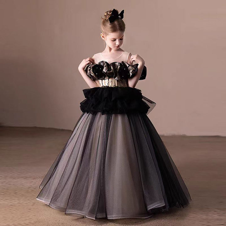 Black and Gold Flower Girl Dress with Beading Ruffles D305