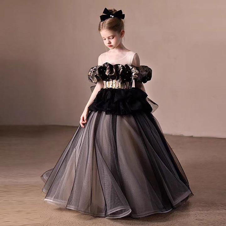 Black and Gold Flower Girl Dress with Beading Ruffles D305