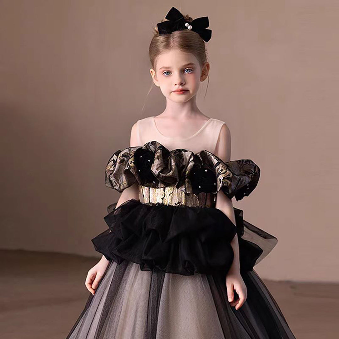 Black and Gold Flower Girl Dress with Beading Ruffles D305
