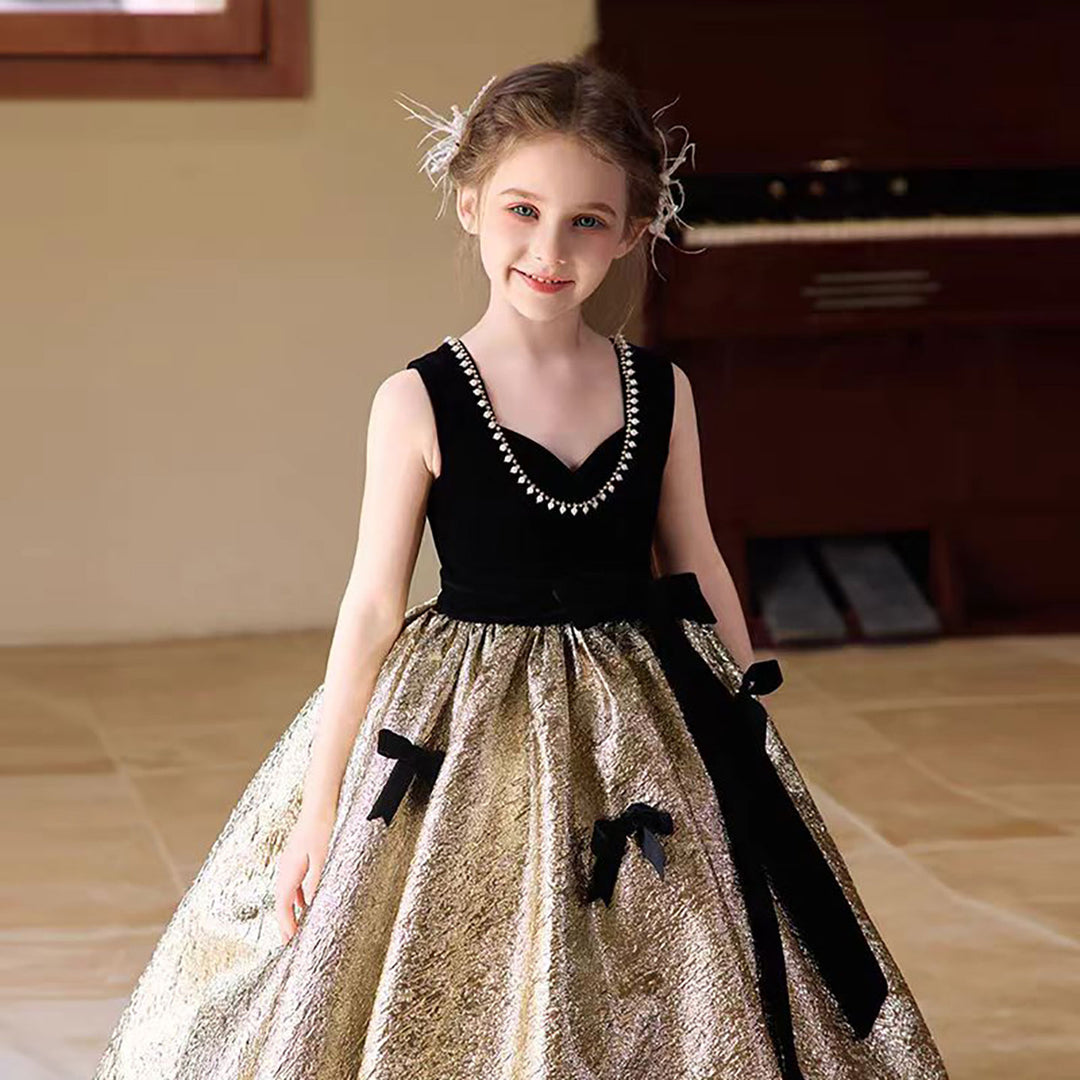 Luxury Gold Flower Girl Dress With Black Bow Princess D319