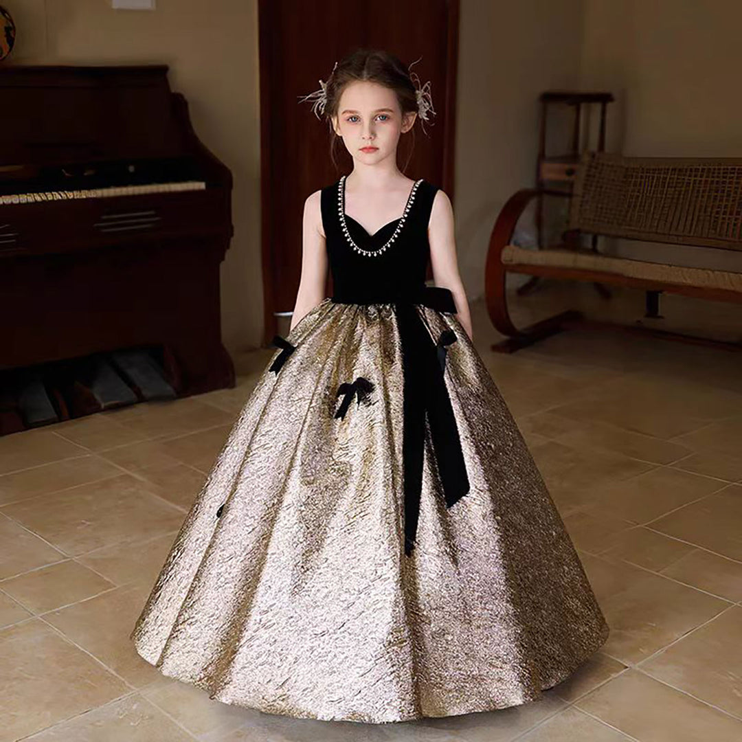 Luxury Gold Flower Girl Dress With Black Bow Princess D319 Black and Gold / child-3 Luxury Gold Flower Girl Dress With Black Bow Princess D319 Black and Gold / child-3