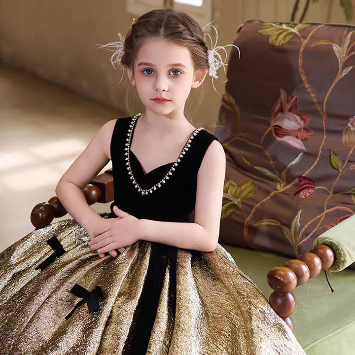 Luxury Gold Flower Girl Dress With Black Bow Princess D319