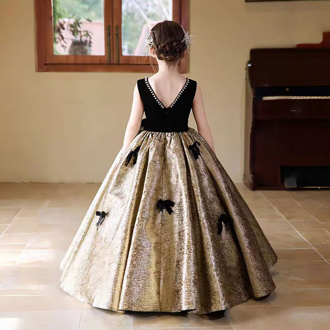 Luxury Gold Flower Girl Dress With Black Bow Princess D319 DreamyVow Luxury Gold Flower Girl Dress With Black Bow Princess D319 DreamyVow