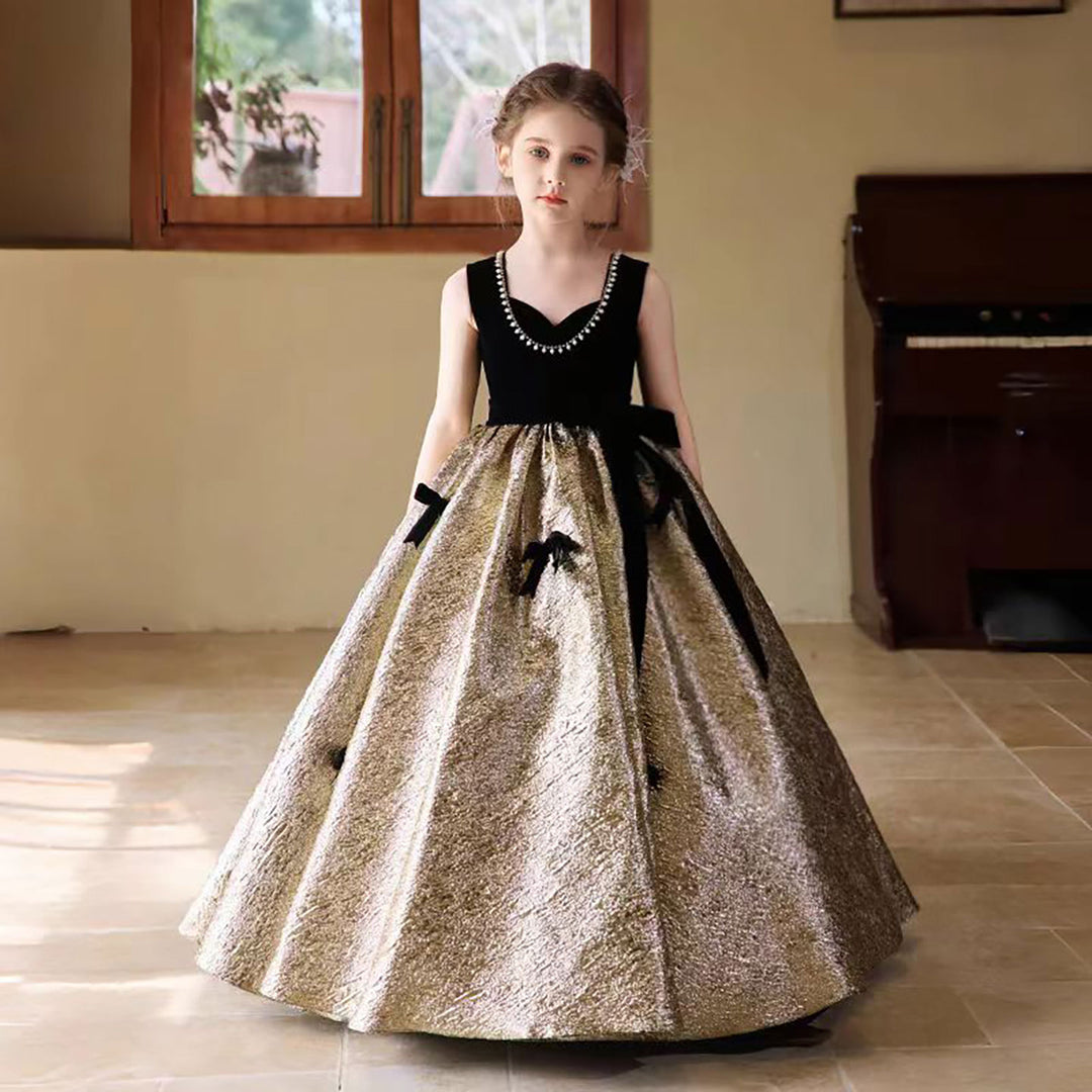 Luxury Gold Flower Girl Dress with Black Bow Princess D319 Black and Gold / Child-14 Luxury Gold Flower Girl Dress with Black Bow Princess D319 Black and Gold / Child-14