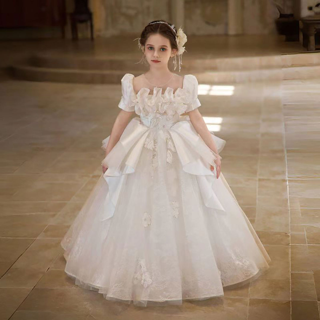 Luxury White Flower Girl Dress With Flowers Silver Beads D318, White / child-12 Luxury White Flower Girl Dress With Flowers Silver Beads D318, White / child-12