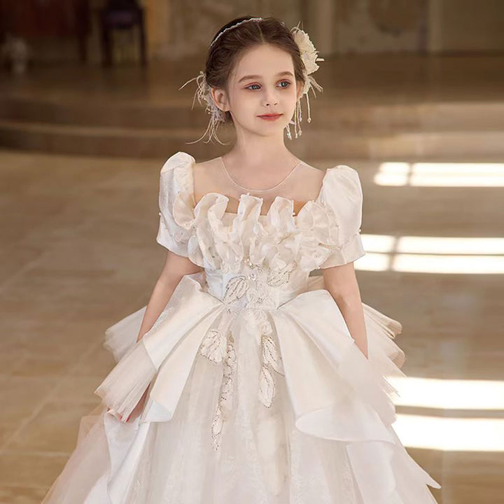 Luxury White Flower Girl Dress With Flowers Silver Beads D318