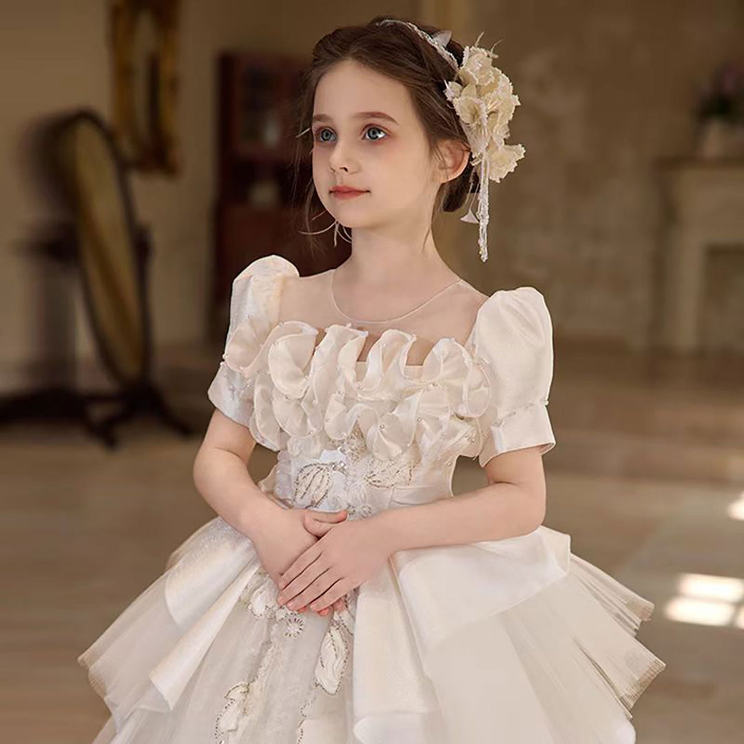 Luxury White Flower Girl Dress With Flowers Silver Beads D318