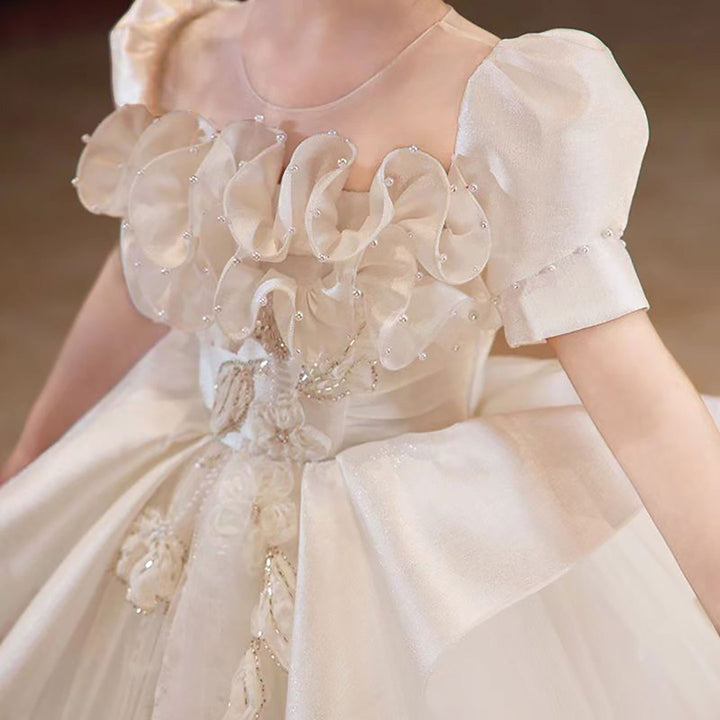 Luxury White Flower Girl Dress With Flowers Silver Beads D318