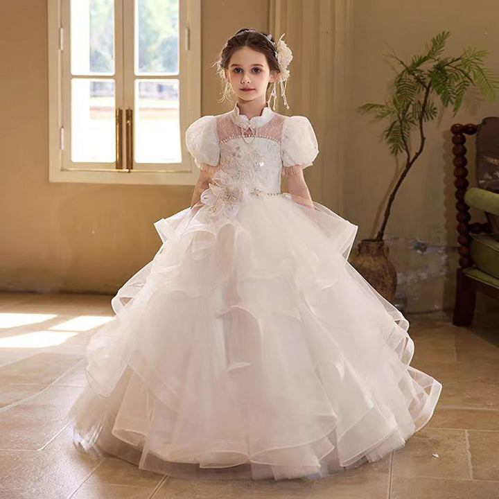 Layered White Flower Girl Dress with 3D Floral Appliqués D315